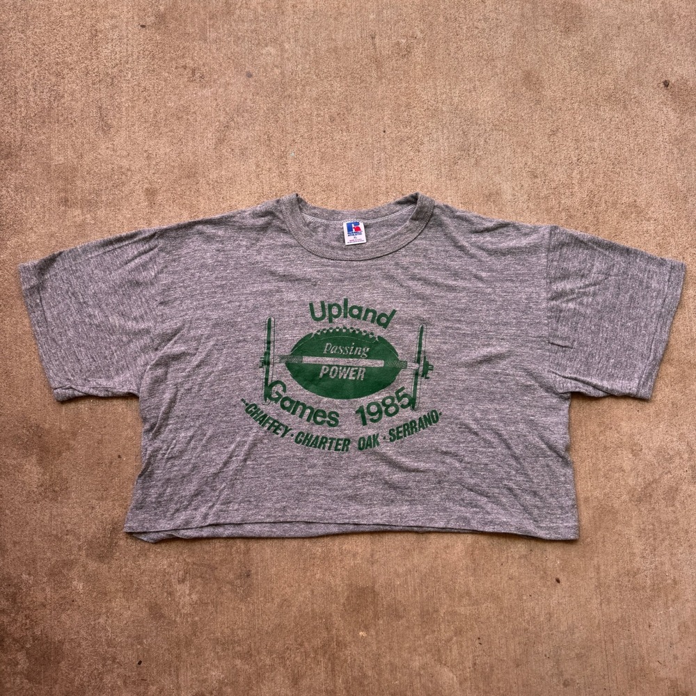 Vintage 80s Russell Athletic Upland Football Crop Top Tee Gray XL Made in USA